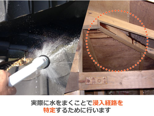実際に水をまくことで浸入経路を特定するために行います