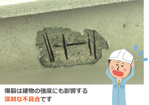 爆裂は建物の強度にも影響する深刻な不具合です 爆裂は建物の強度にも影響する深刻な不具合です