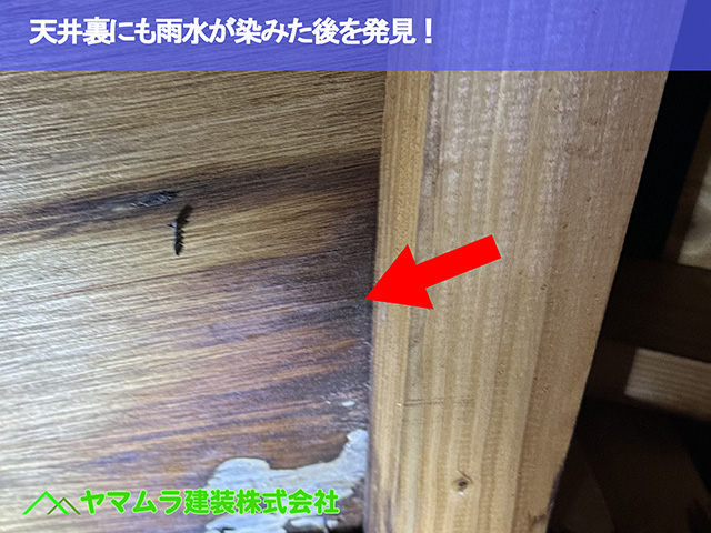 02．名古屋市中区　谷樋交換　天井裏にも雨水が染みた後を発見！