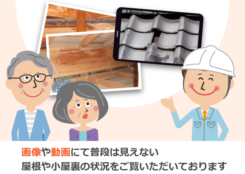 画像が動画にて普段は見えない屋根や小屋裏の状況をご覧いただいております