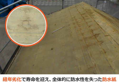 経年劣化で寿命を迎え防水性を失った防水紙 経年劣化で寿命を迎え防水性を失った防水紙