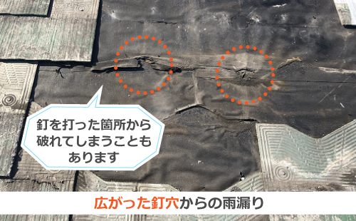 広がった釘穴からの雨漏り