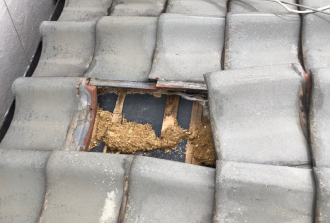 瓦が剥がれ防水紙が露出している 瓦が剥がれ防水紙が露出している