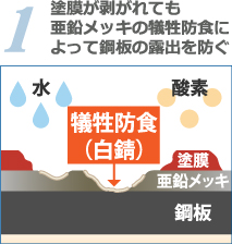 塗膜が剥がれても亜鉛メッキの犠牲防食によって鋼板の露出を防ぐ