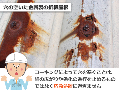 錆によって穴の空いた金属製の折板屋根