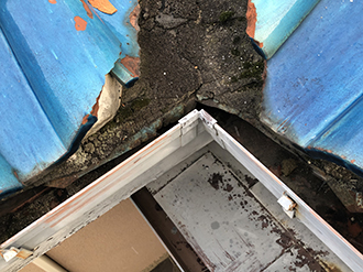 谷板金と雨樋に土が溜まっている