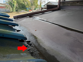 下屋同士の板金に雨水が溜まっている