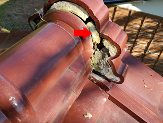 鬼瓦付近の漆喰が剥がれている