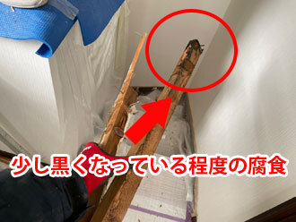 雨漏りの影響で少し黒くなっている下地