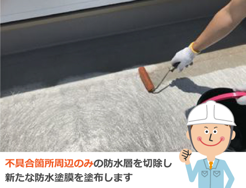 不具合箇所周辺のみの防水層を切除し新たな防水塗膜を塗布します