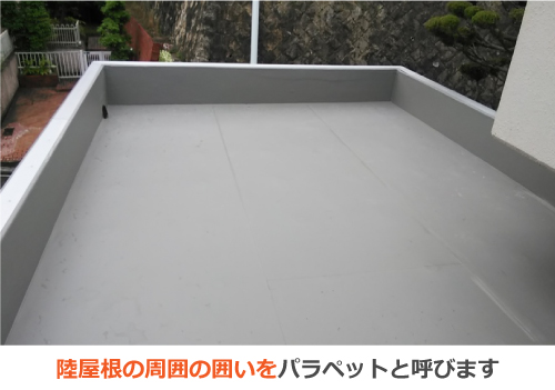 陸屋根の周囲の囲いをパラペットと呼びます