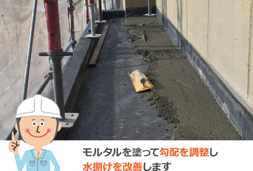 モルタルを塗って勾配を調整し水捌けを改善します