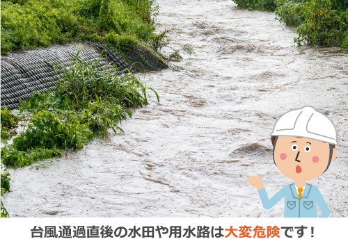 台風通過後の水田や用水路は大変危険です