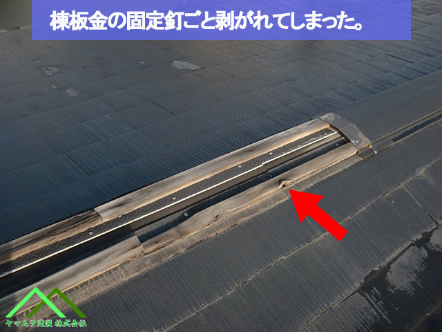 ０２名古屋市熱田区　スレート屋根　棟板金の固定釘ごと剥がれていた