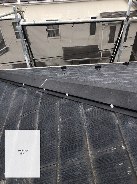 釘頭にコーキングを打った後の隅棟