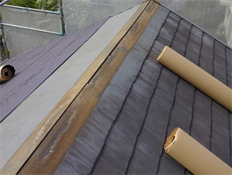 棟板金撤去、防水紙敷設