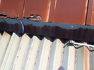 物置のトタン屋根が一面赤錆に染まっています