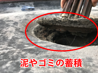 泥やゴミが蓄積した排水溝