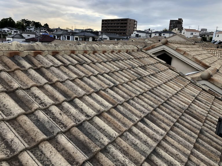 劣化しカビの生えたセメント瓦