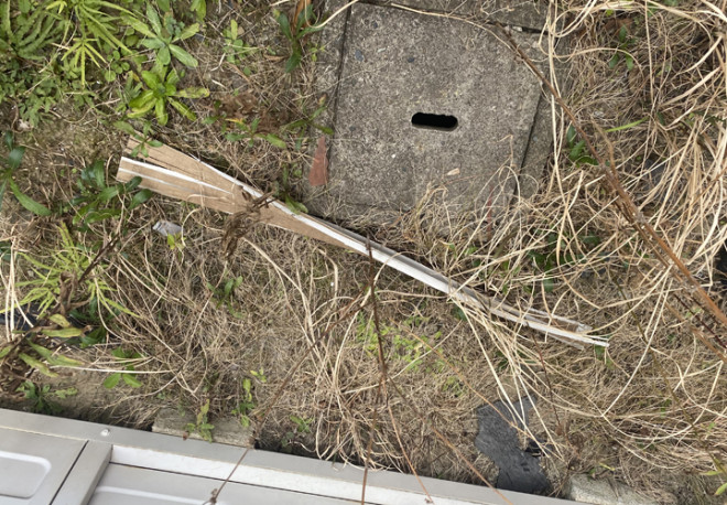 剥がれた軒天材は庭先に落下していました