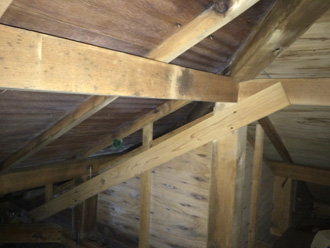 天井裏で全体的にみられる雨染みによる黒い変色