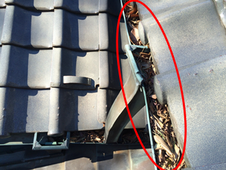 雨樋に滞留した枯れ葉・ごみ