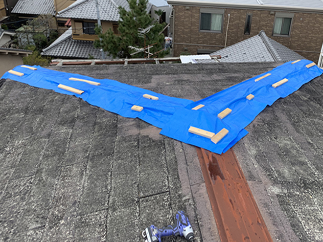 棟板金に雨養生を行いました