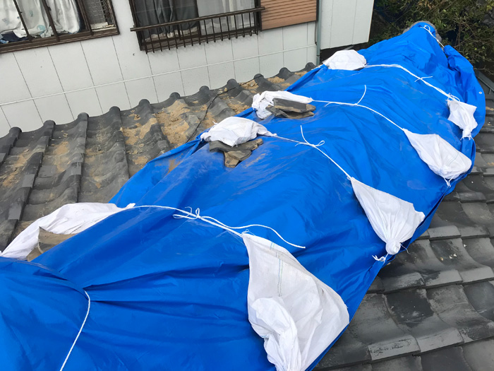 棟が崩れて雨漏りしている箇所の養生