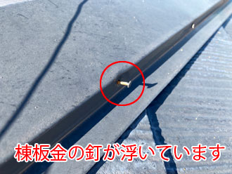 棟板金の釘が浮いています