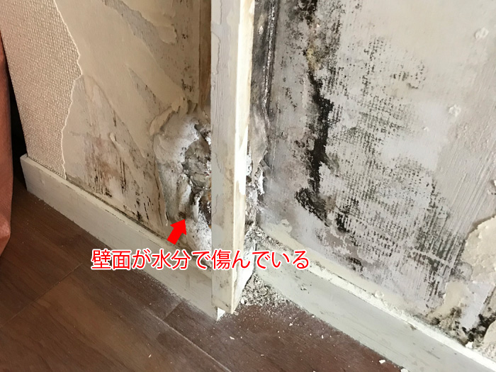 水分で壁面が崩れている