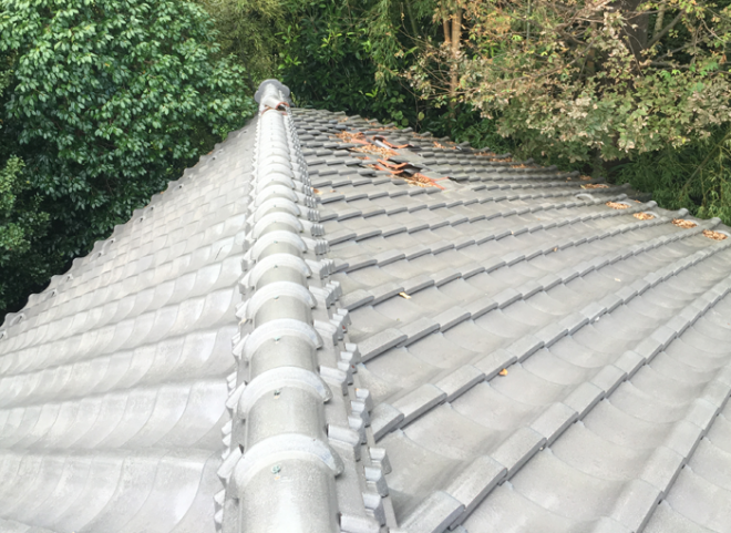 高座郡寒川町宮山で強風から屋根瓦が飛散し雨漏りが発生