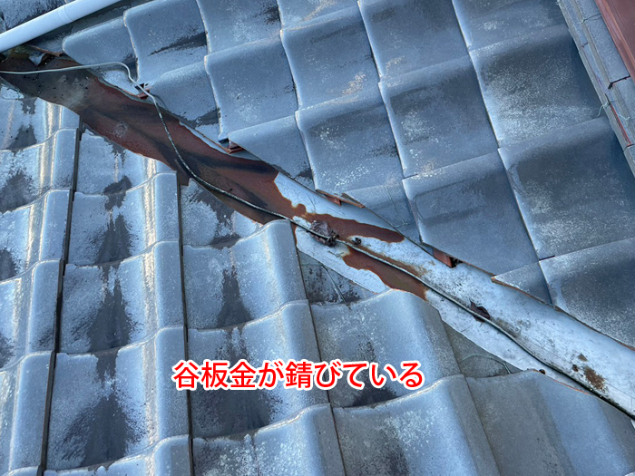 谷板金のサビと防水紙破れのセット被害