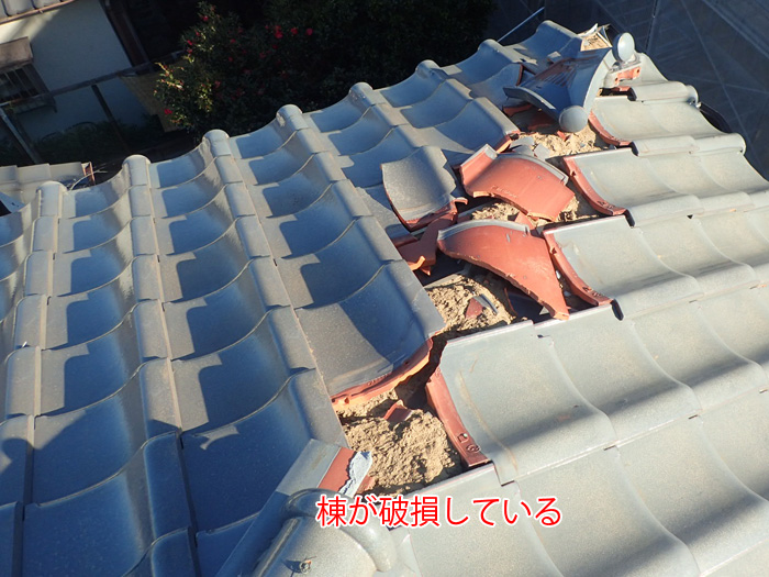 渋谷区初台で台風被害を受けた瓦が飛散した棟と外れた縦樋の調査