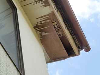 雨漏りによって軒天が剥がれています