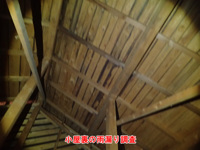 小屋裏で確認された雨漏り跡。木材が黒ずみ湿気の影響が見られる