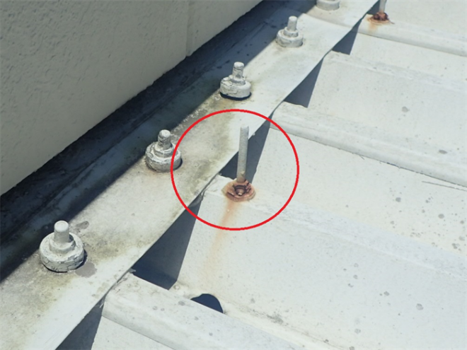 旭市鎌数にて雨漏りが発生してしまった工場の折板屋根を調査、錆と笠木の劣化を確認
