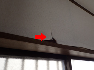 屋内の雨漏り箇所ではクロスが剥がれている