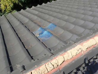 瓦屋根には部分補修された跡がありました