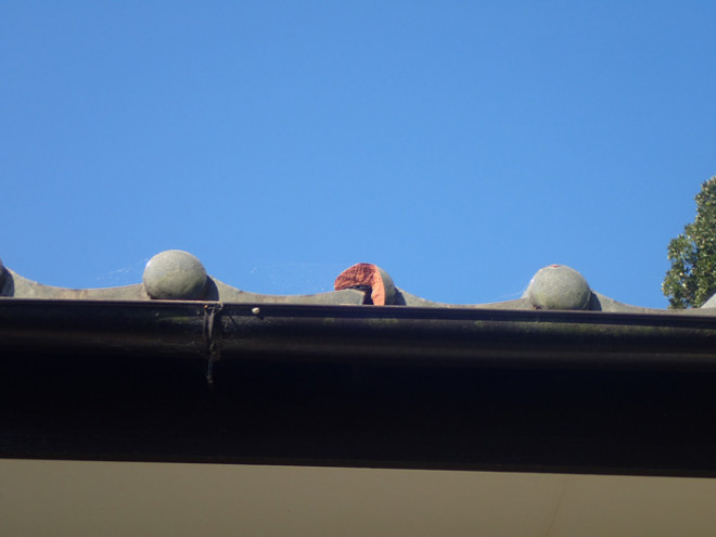 割れた瓦が屋根に残っている