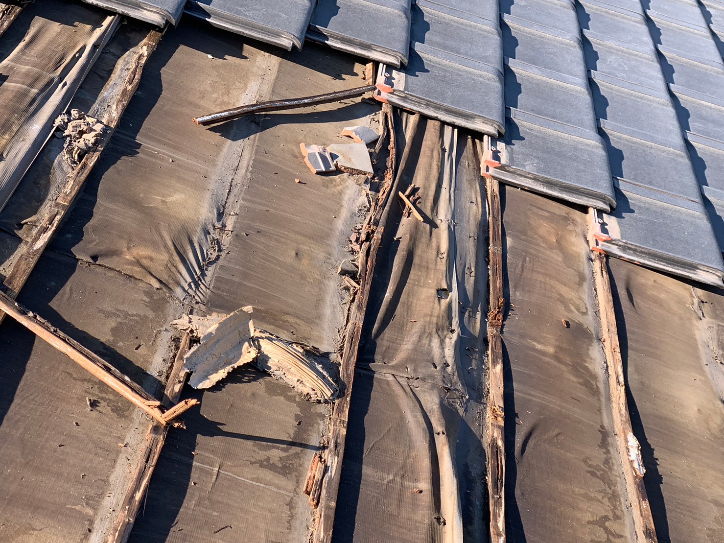 守山区で瓦桟木が雨漏りによって腐っている様子