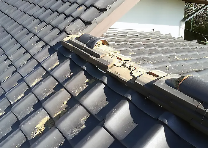 棟瓦を固定している銅線が切れて崩壊しています