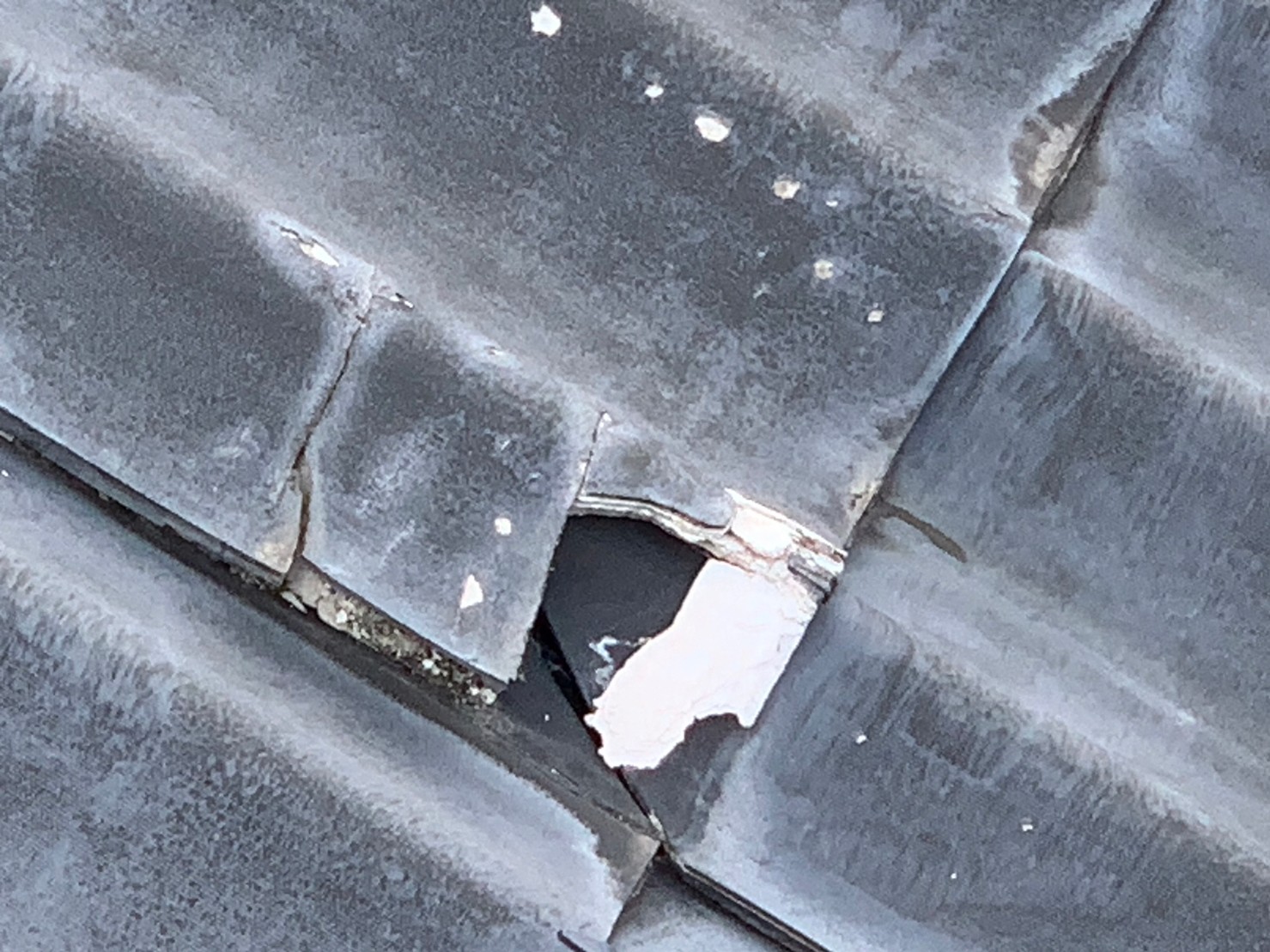 守山区でセメント瓦が割れている様子