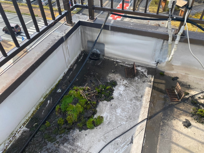 小牧市中央でビルの屋上防水の劣化による雨漏れの点検にお伺いしました。シート防水に穴やコケの発生が発生。