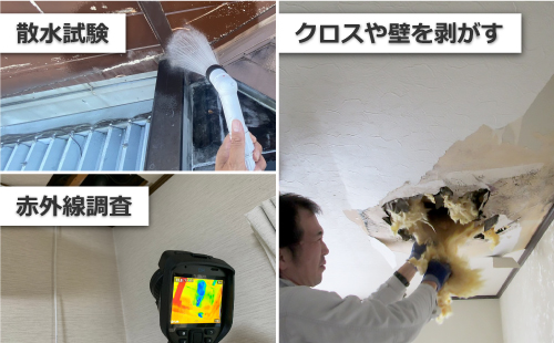 散水試験、赤外線調査、クロスや壁を剥がす様子