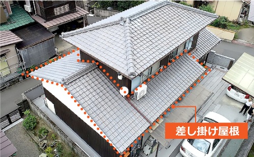 瓦屋根の大きな差し掛け屋根