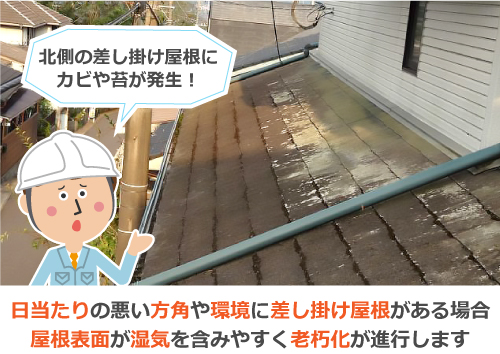 日当たりの悪い方角や環境に差し掛け屋根がある場合、屋根表面が湿気を含みやすく老朽化が進行します
