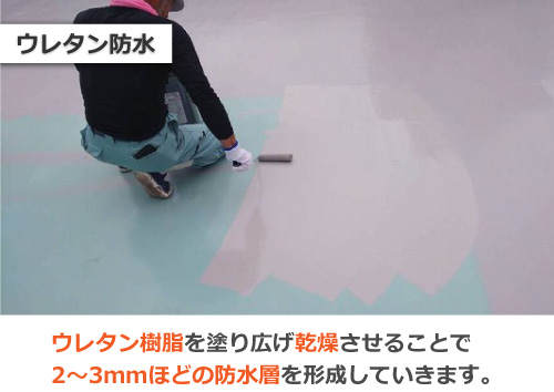ウレタン樹脂を塗り広げ乾燥させることで2～3ｍｍほどの防水層を形成していきます。