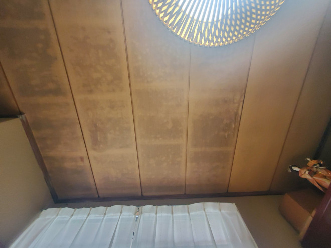 天井は雨漏りで黒ずんでいました