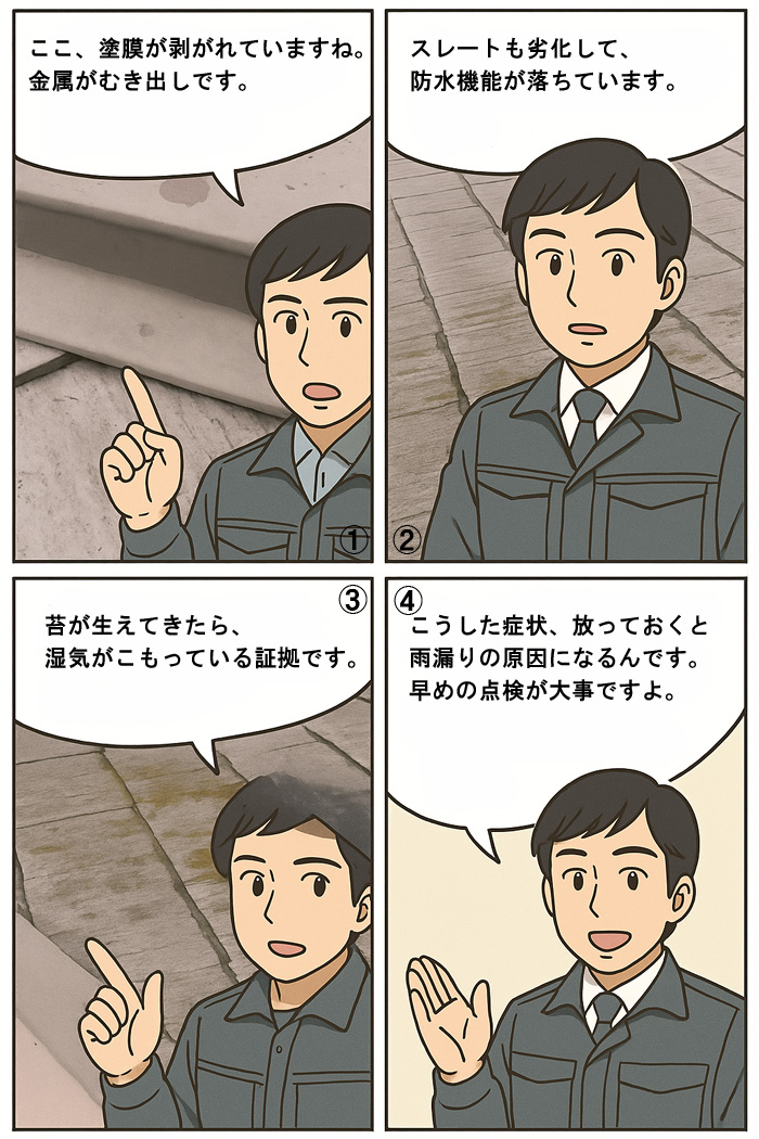 スレート屋根の雨漏り調査4コマ漫画