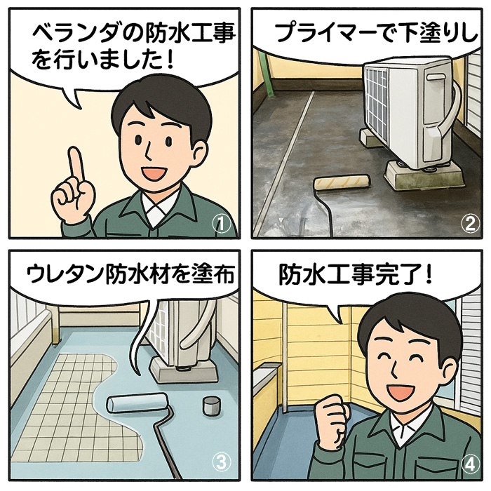 防水工事の工程の４コマ漫画